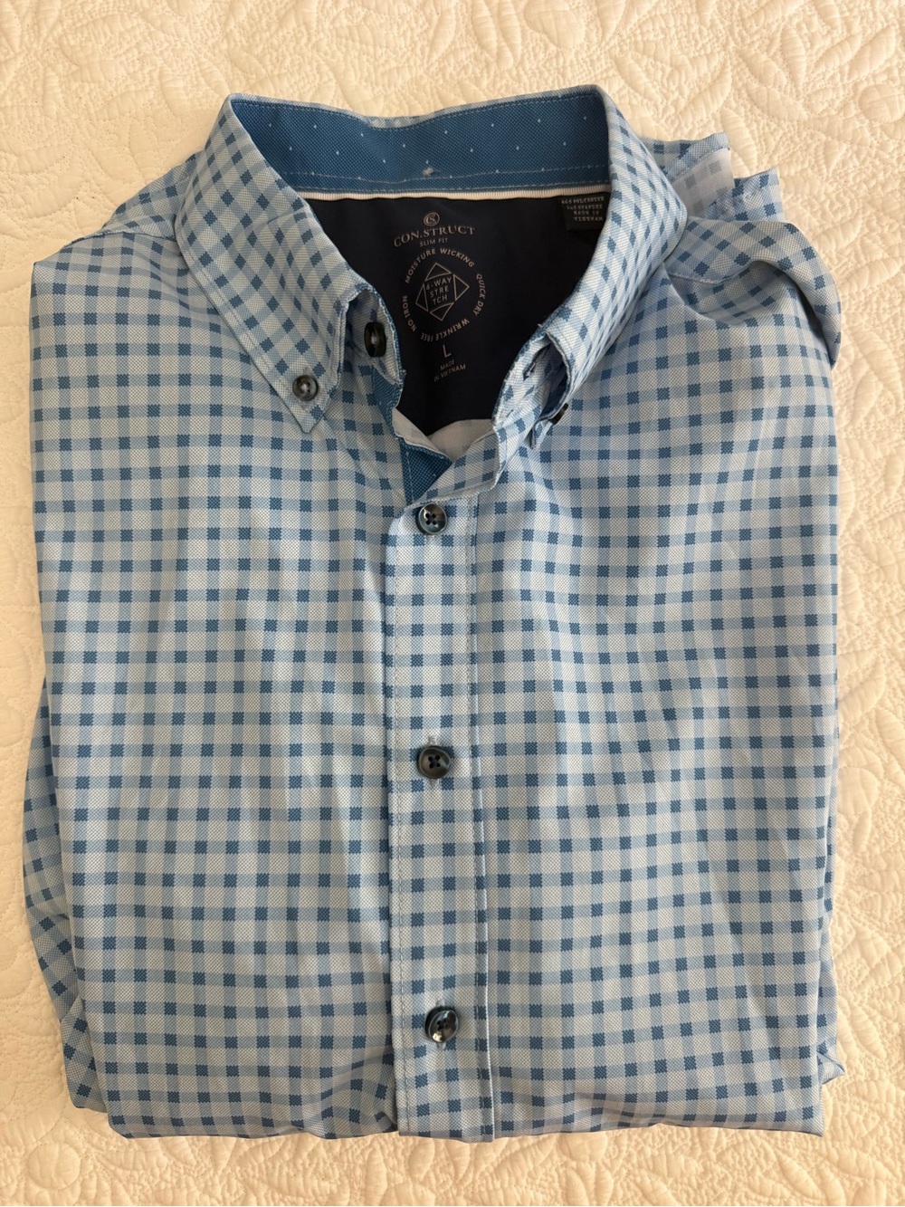 Construct Slim Stretch Moisture Wicking Blue/White Check Button-Down Shirt L
